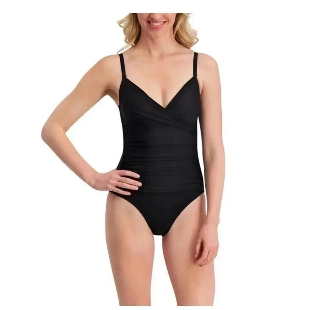 DKNY Womens Black Wrap V-Neck One Piece Swimsuit Size Small 1943727